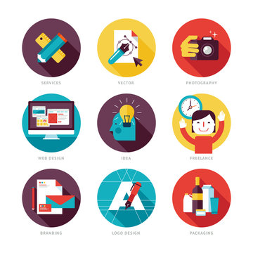 Set of modern flat design icons on design development theme