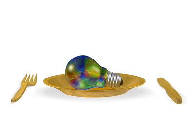 Multicolored lightbulb, golden plate, fork and knife. Front view