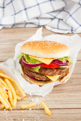 One big burger with french fries