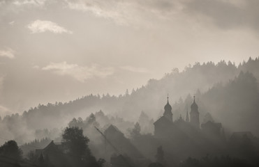 Foggy town landscape