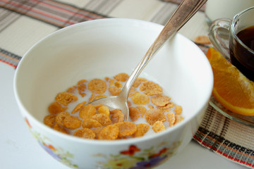 Flakes in a deep dish, filled with milk