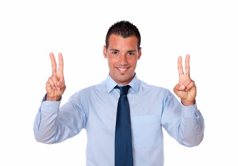 Handsome businessman with two victory sign