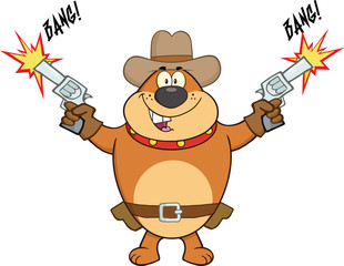 Brown Bulldog Cowboy Cartoon Character Shooting With Two Guns