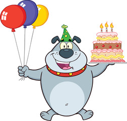 Birthday Gray Bulldog Holding Up A Birthday Cake With Candles