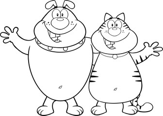 Black And White Dog And Cat Cartoon Characters Hugging