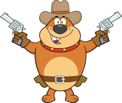 Brown Bulldog Cowboy Cartoon Character Holding Up Two Revolvers