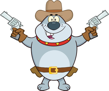 Gray Bulldog Cowboy Character Holding Up Two Revolvers