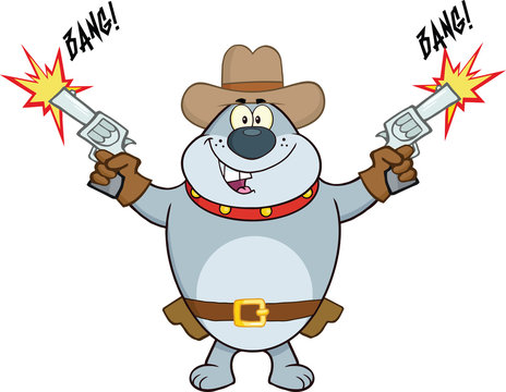 Gray Bulldog Cowboy Character Shooting With Two Guns