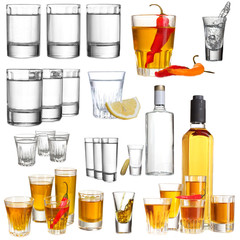 Collage of alcohol drinks. Vodka isolated on white