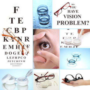 Collage of equipment for good vision, close-up
