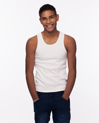 Fototapeta premium Positive smiling handsome on white background