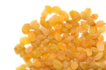 Golden raisins on a white background