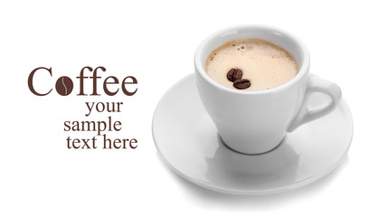 Cup of coffee with coffee beans, isolated on white