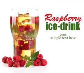 Iced tea with raspberries and mint isolated on white