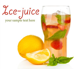 Basil lemonade with strawberry in glass, isolated on white
