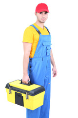 Male worker with toolbox isolated on white