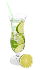 Glass of cocktail with lime and mint isolated on white