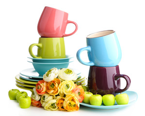 Clean colorful tableware isolated on white