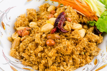 Crispy catfish salad on plate isolated white background