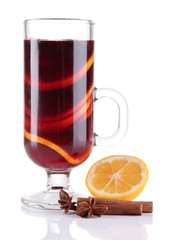 Mulled wine with lemon and spices isolated on white