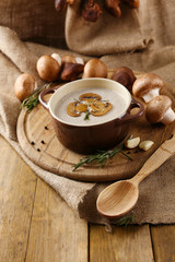 Composition with mushroom soup in pot, fresh and dried