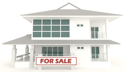 White 3D house with for sale badge in isolated background