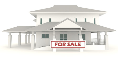 White 3D house with for sale badge in isolated background