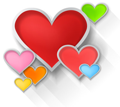 3D colorful paper hearts on white background (vector)