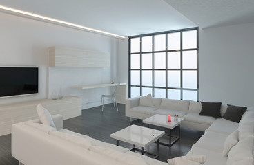 Modern white living room with floor to ceiling window
