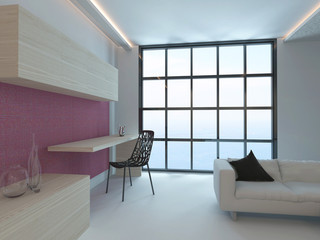 Living room interior with pink wall and floor to ceiling window