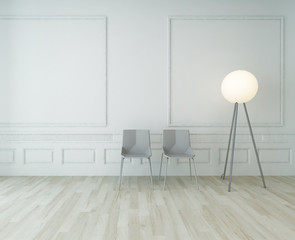 3D Rendering of two chairs against white wall with floor lamp