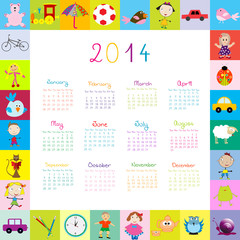 Frame with 2014 calendar with toys