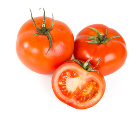 red tomato vegetable with cut isolated on white background