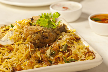 Hot delicious chicken biryani.
