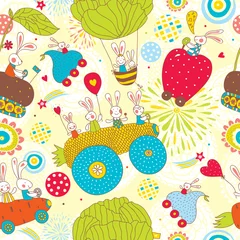 Wallpaper murals Animals in transport Happy rabbits. Children's seamless pattern.