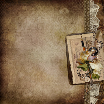 Vintage background with faded roses, lace, old letters