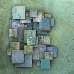 3d fragmented blue green square grunge tiles