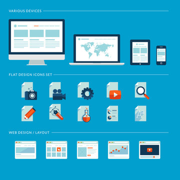 Flat design icons for web design and various devices.
