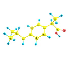 Ibuprofen molecular structure on white background