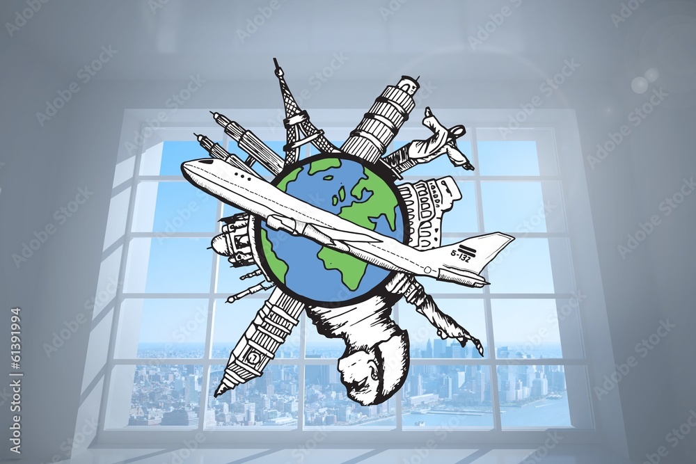 Poster composite image of landmarks of the world with airplane doodle
