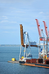 Fototapeta premium Bulk cargo ship under port crane bridge, Odessa, Ukraine