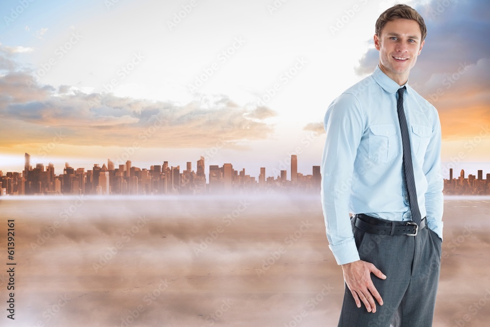 Poster composite image of smiling businessman standing with hand in