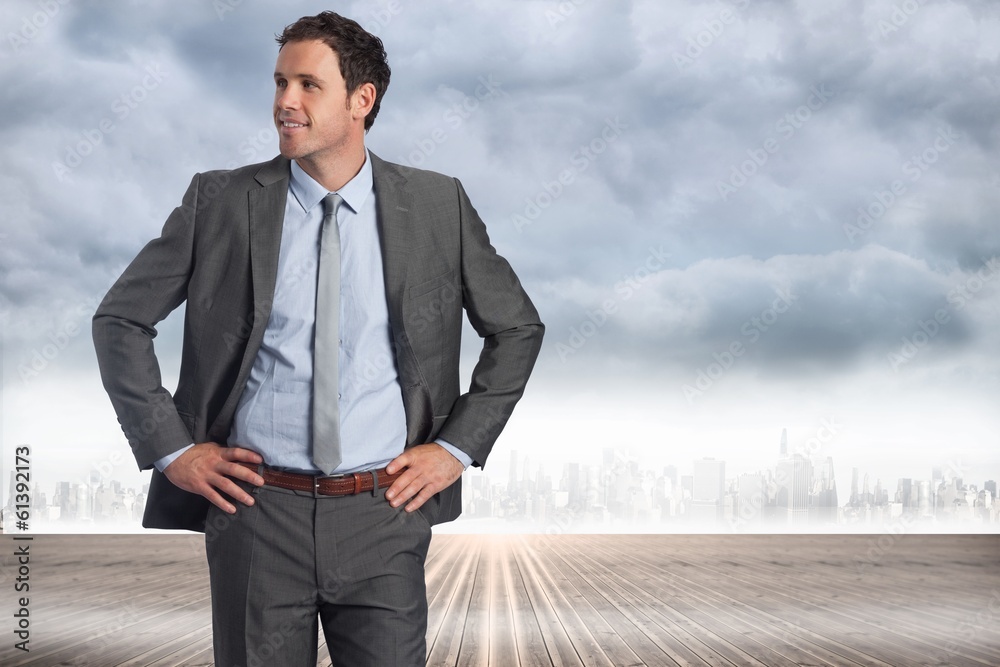 Poster composite image of smiling businessman with hands on hips