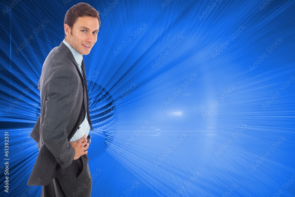 Poster composite image of cheerful businessman standing with hands on