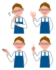 男性　エプロン　メガネ　表情