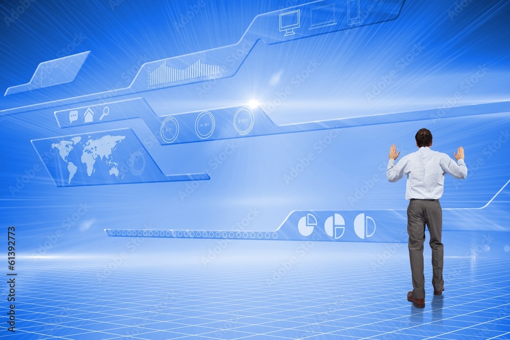 Poster composite image of businessman posing with hands up