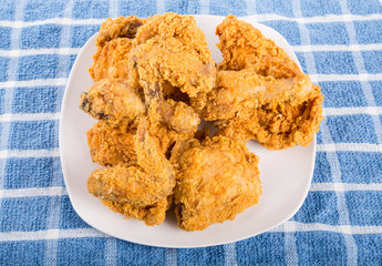 Crisp Fresh Fried Chicken on a Blue Towel