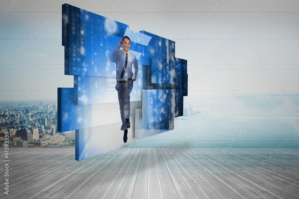 Poster Composite image of businessman in data center on abstract screen