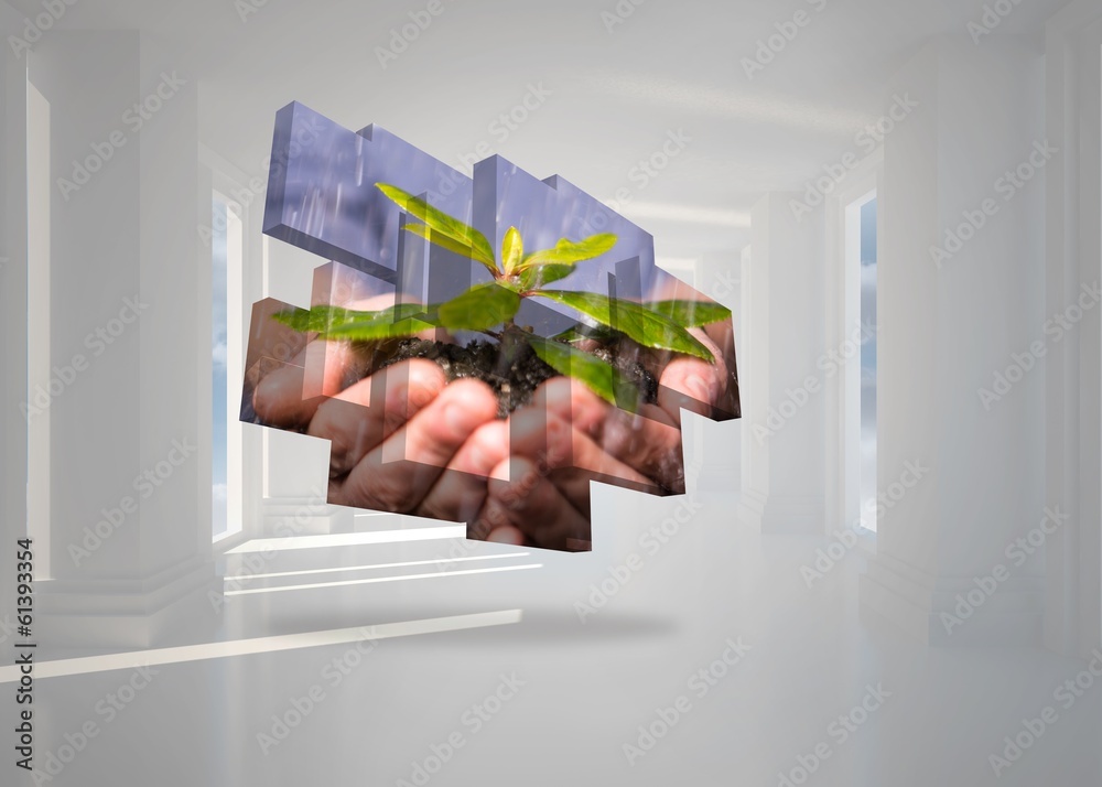 Poster Composite image of hands holding shrub on abstract screen