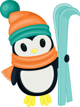Cute cartoon penguin with skis